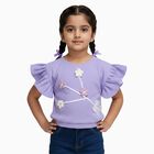 Girls' Lavender Round Neck Ruffle Sleeve Floral T-Shirt, लाइलेक, small