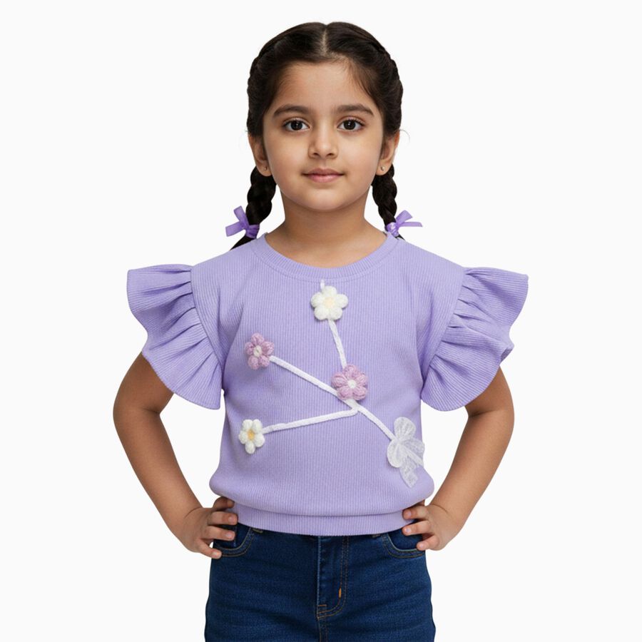 Girls' Lavender Round Neck Ruffle Sleeve Floral T-Shirt, लाइलेक, large