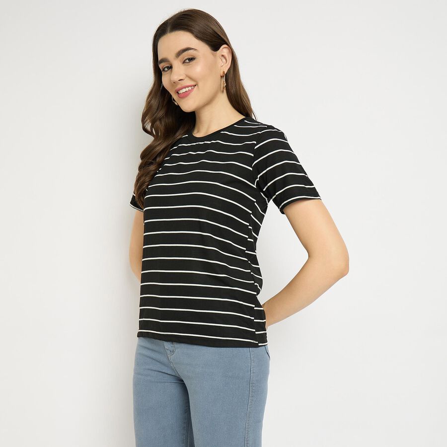 Ladies'  Stripes Round Neck T-Shirt, काला, large image number null