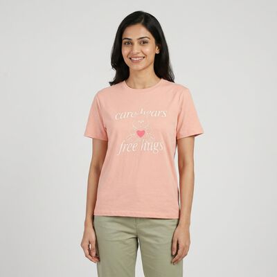 Women's Pink Round Neck Graphic Print Regular T-Shirt