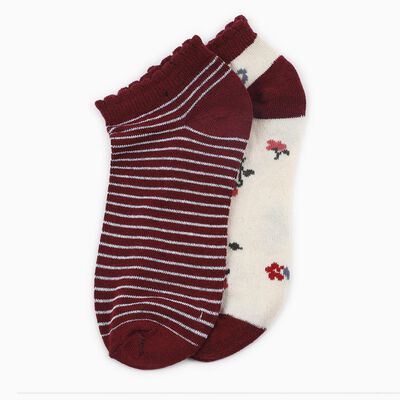 Girls' Deep Burgundy and Cream Ankle Length Striped and Floral Socks Pack of 2