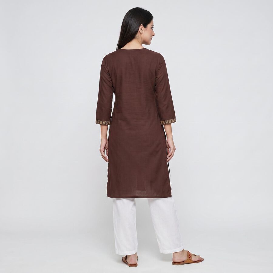 Women's Brown Round Neck Embroidered Kurta, Brown, large