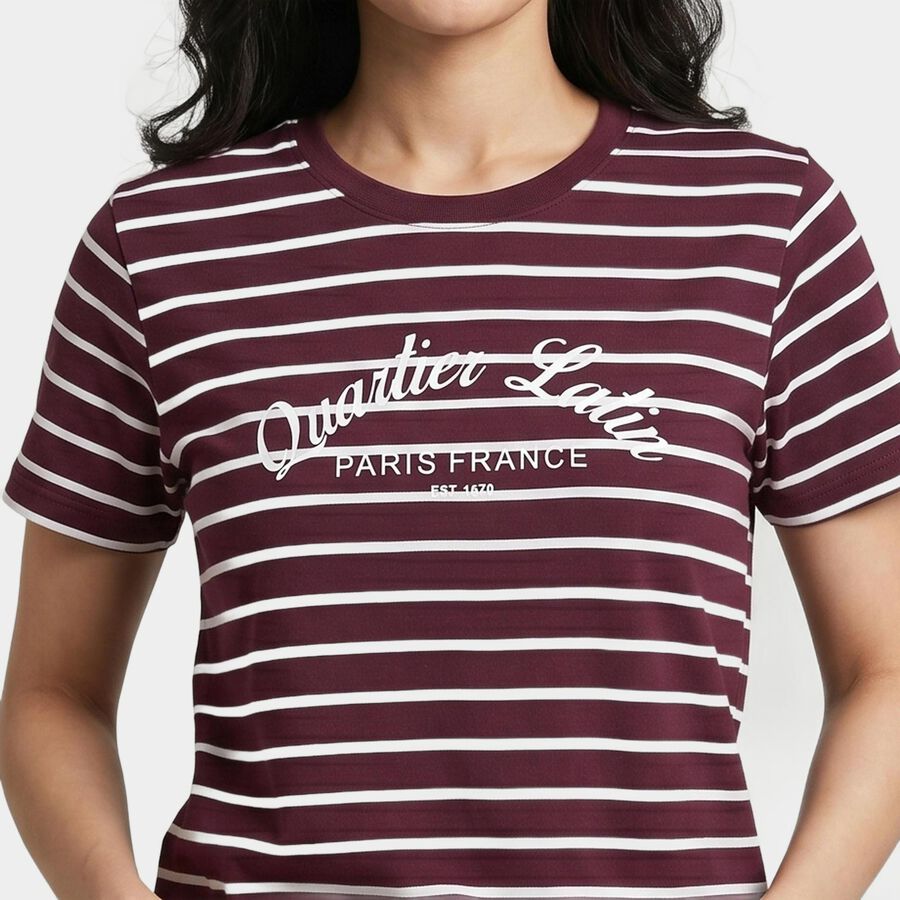 Women's Purple Round Neck Regular T-Shirt, बैंगनी, large