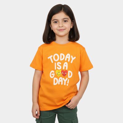 Girls Orange Round Neck Regular T-Shirt