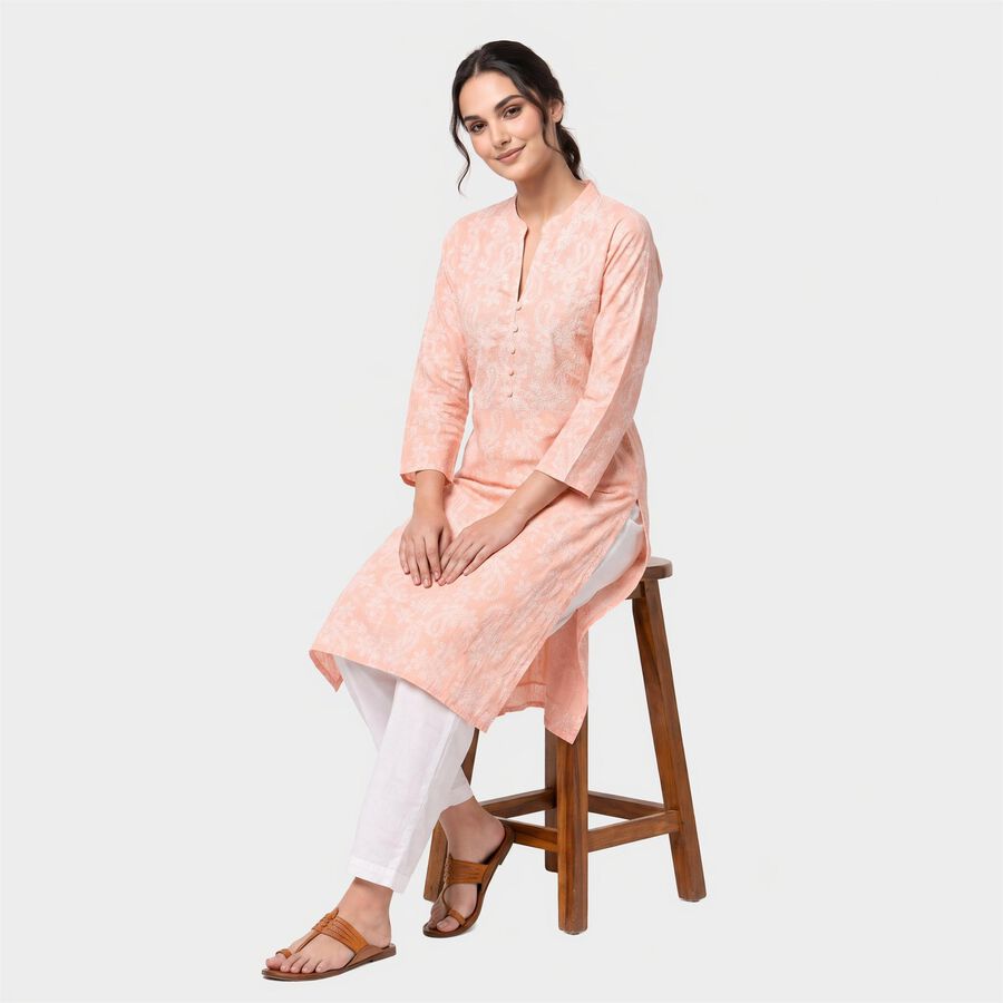 Women's Peach Cotton Round Neck Kurta, Peach, large