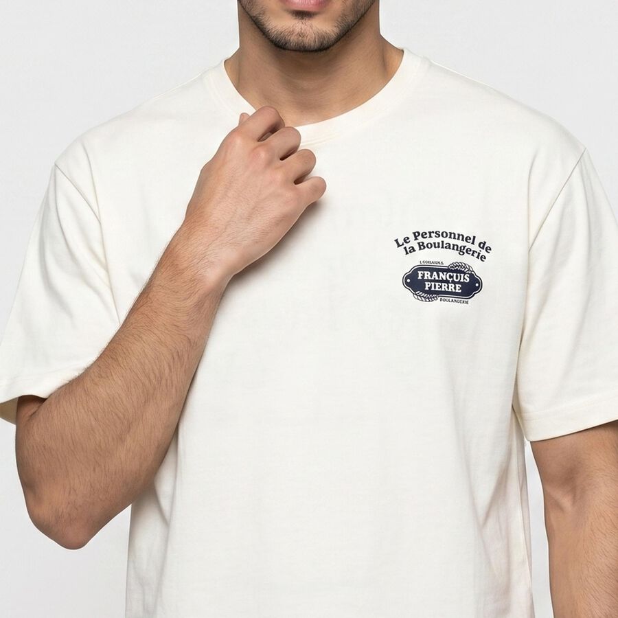 Men's Off White Cotton Round Neck Regular T-Shirt, ऑफ व्हाइट, large