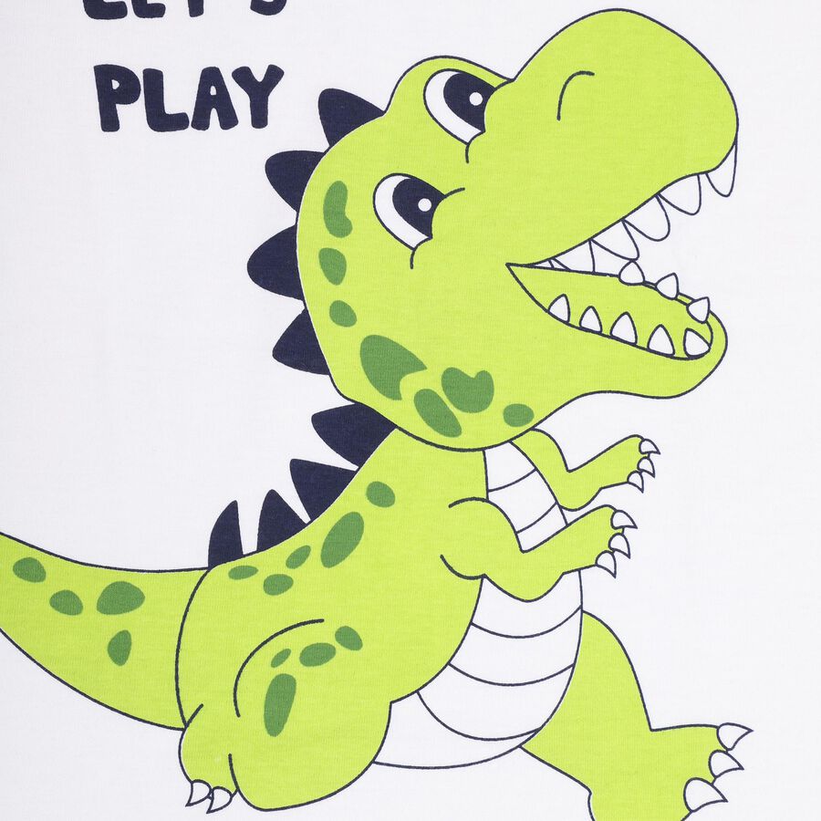 Boys' White Cotton Round Neck Dinosaur Printed Baba Suit, White, large image number null