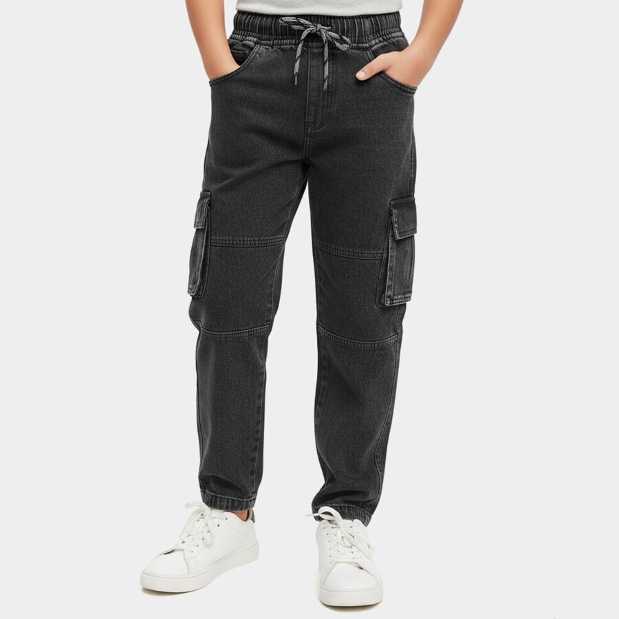Boys' Black Regular Fit Drawstring Jeans, काला, large