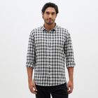 Men's White and Black Checkered Spread Collar Casual Shirt, White, small