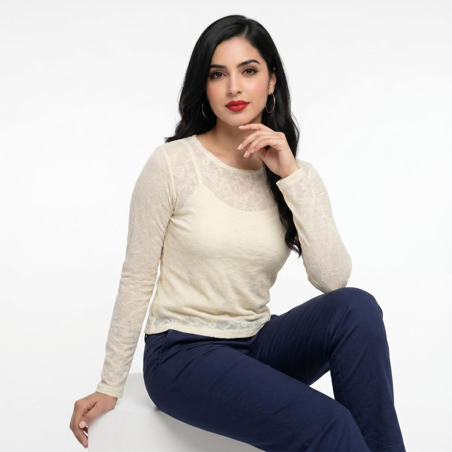 Women's Cream Round Neck Regular Top, ऑफ व्हाइट, large