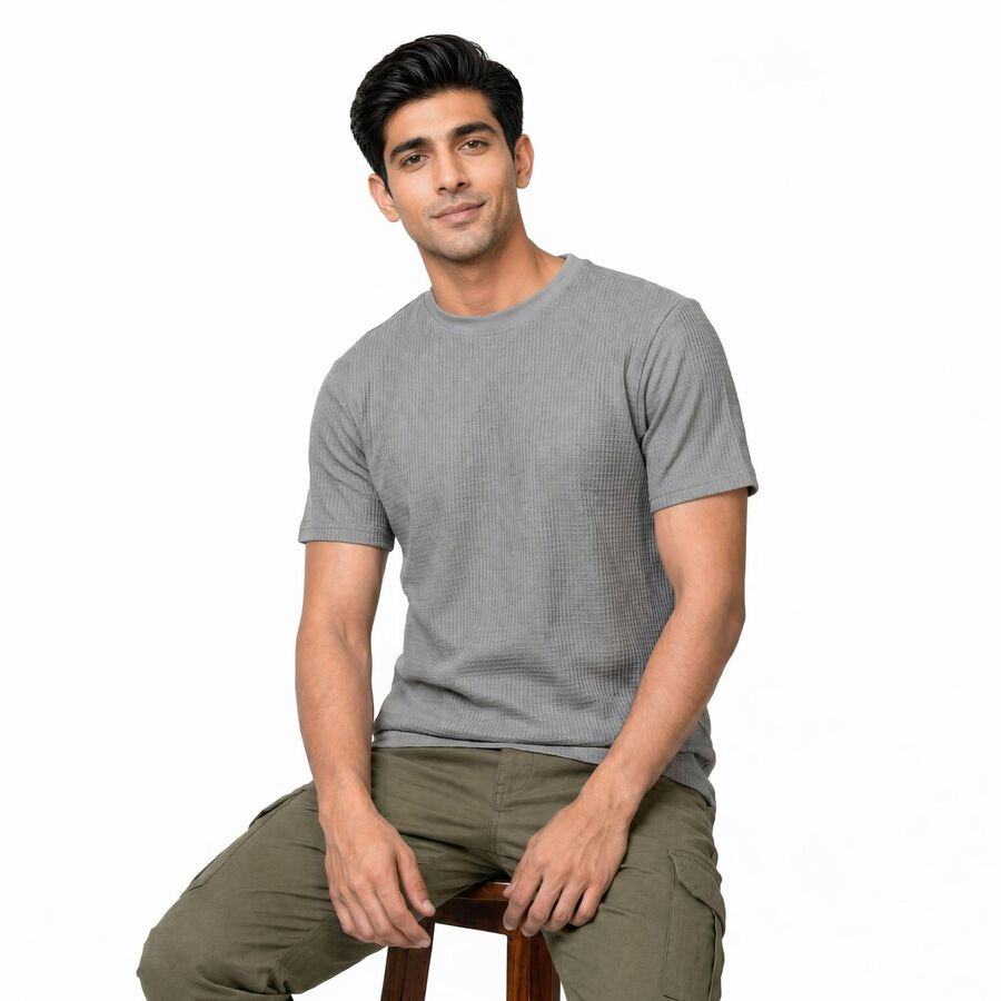 Men's Grey Cotton Round Neck Regular T-Shirt, Light Grey, large