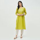 Women's Bright Lime Green Cotton Notch Neck Embroidered Kurta, हल्का हरा, small