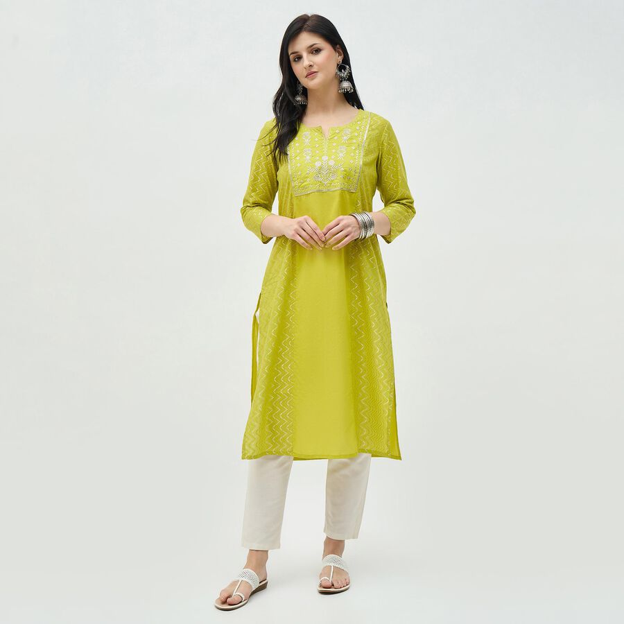 Women's Bright Lime Green Cotton Notch Neck Embroidered Kurta, हल्का हरा, large