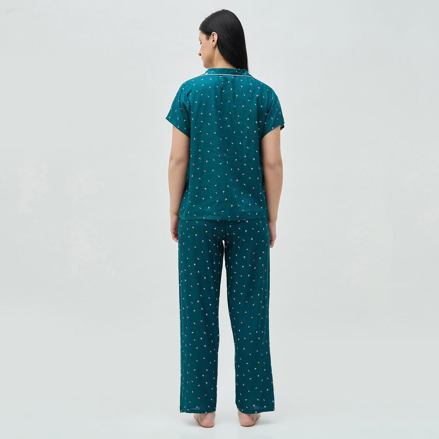 Women's Dark Teal Green Button-Down Printed Night Suit, Dark Green, large