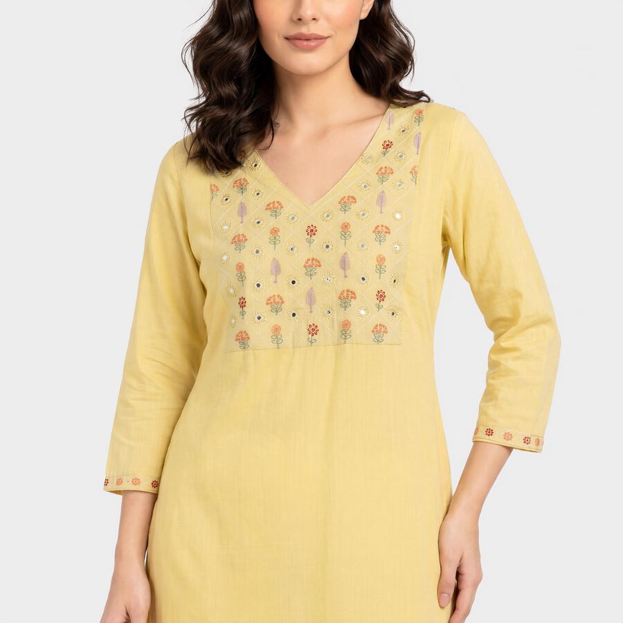 Women's Yellow V-Neck Embroidered Kurta, Yellow, large