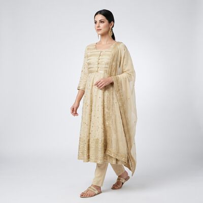 Women's Beige Round Neck Embellished Anarkali Kurta