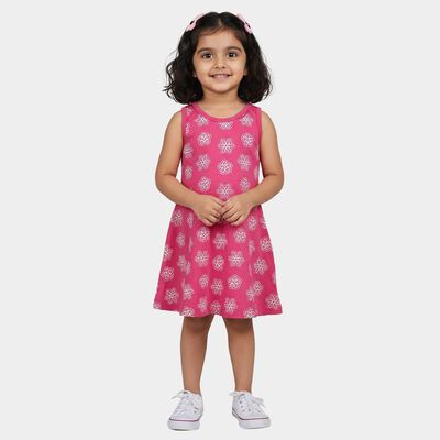 Girls' Pink Floral Printed Sleeveless A-Line Frock