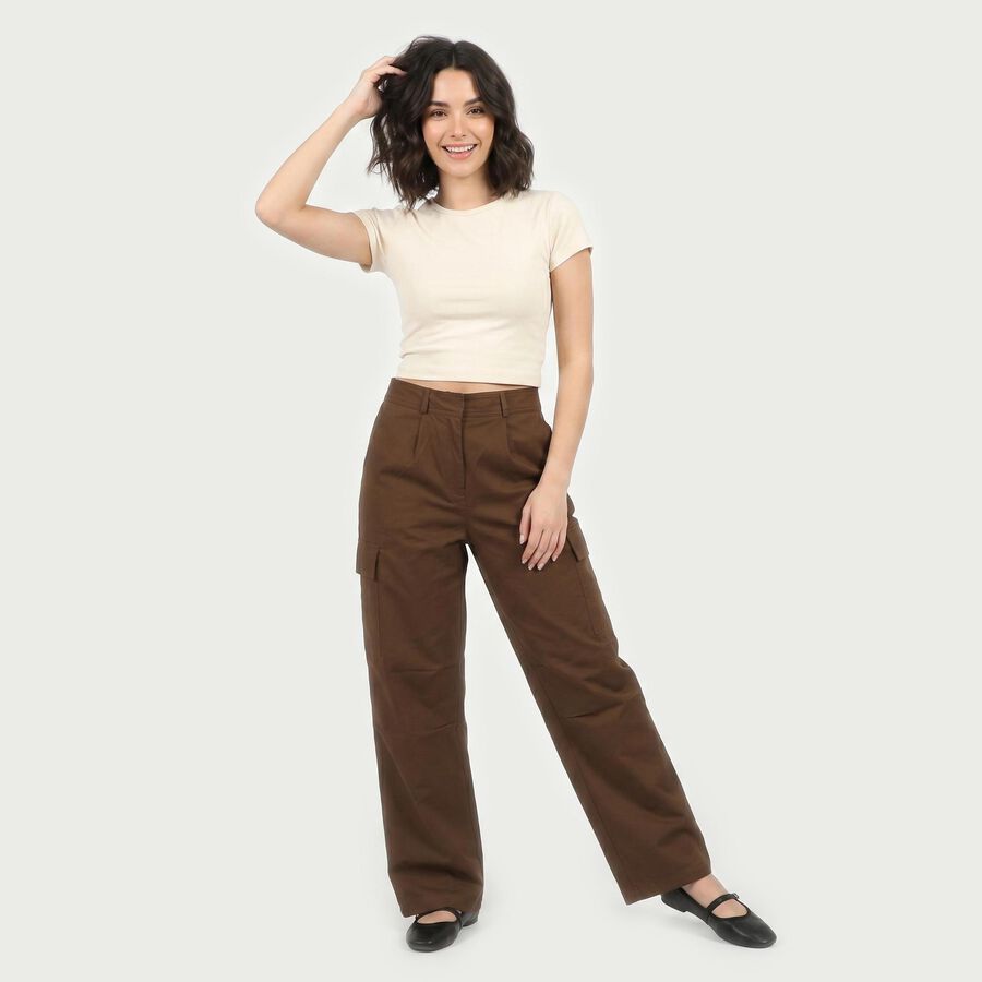 Women's Brown Straight Fit Cargo Trousers, भूरा, large