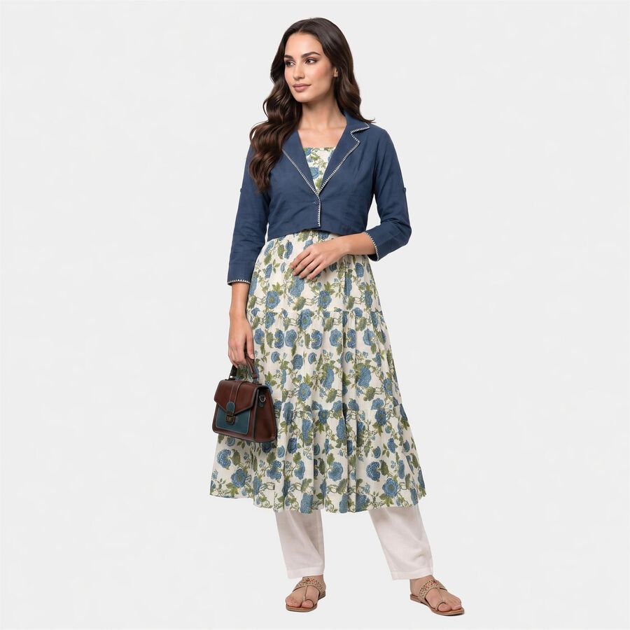 Women's Teal Blue Cotton Square Neck Floral Kurta, Teal Blue, large