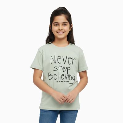 Girls Light Sage Green Cotton Round Neck Graphic T-Shirt