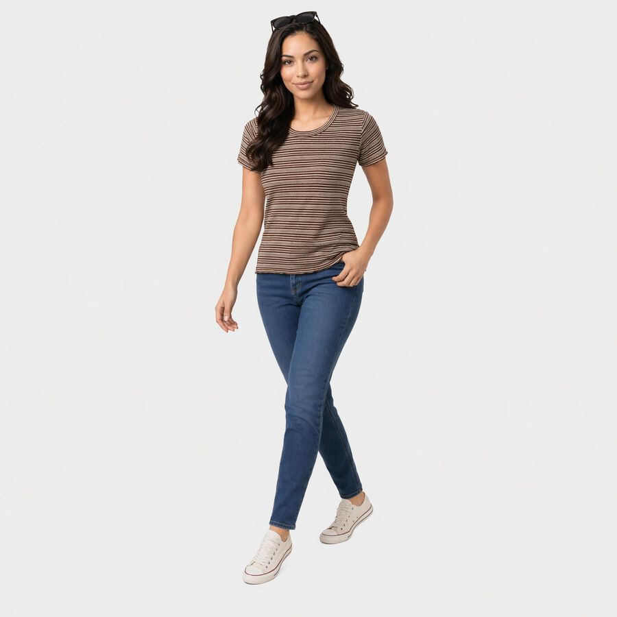 Women's Brown Round Neck Regular T-Shirt, भूरा, large