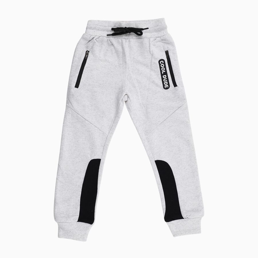 Boys' Light Grey Cotton Blend Jogger Pyjama with Black Knee Patches, एक्रू मिश्रित, large