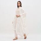 Women's White Cotton Notch Neck Embroidered Kurta, Off White, small image number null