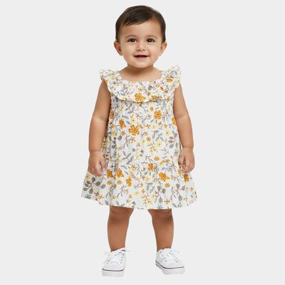 Infant Girls' White Flared Floral Printed Ruffle Neck Frock