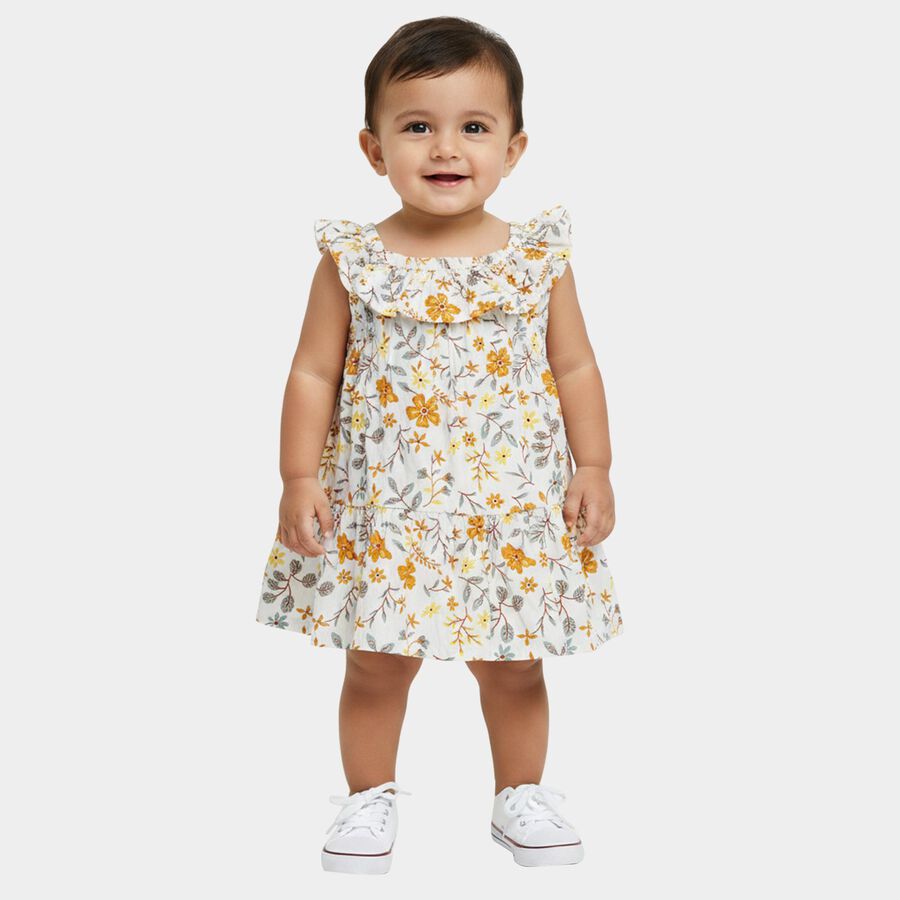 Infant Girls' White Flared Floral Printed Ruffle Neck Frock, Off White, large