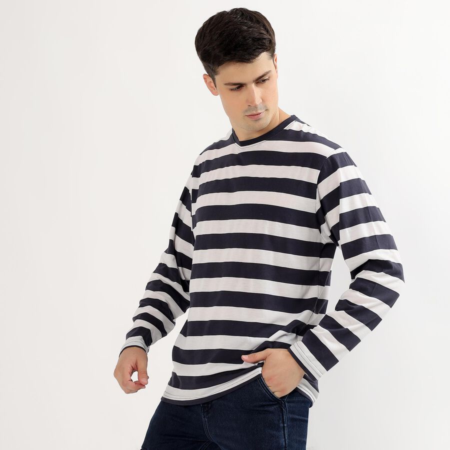 Men's Navy and White Crew Neck Casual T-Shirt, मध्यम नीला, large image number null