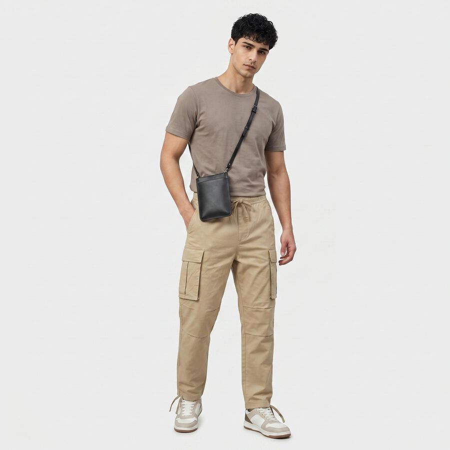 Men's Beige Slim Fit Cargo Trousers, Beige, large