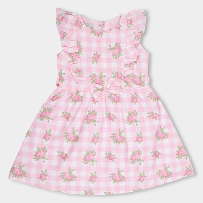 Girls' Light Pink Floral Printed Ruffled Frock