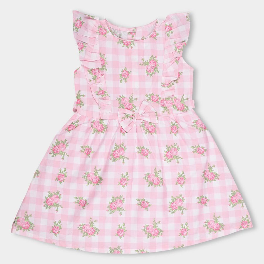 Girls' Light Pink Floral Printed Ruffled Frock, हल्का गुलाबी, large image number null