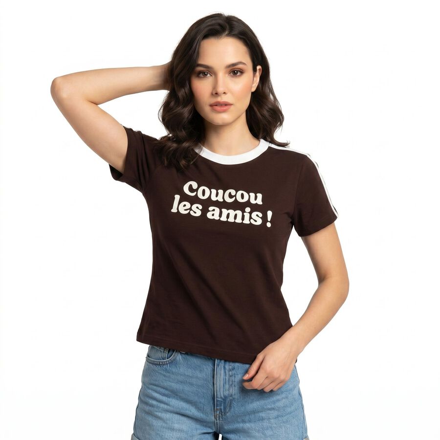 Women's Wine Cotton Blend Round Neck Regular T-Shirt, वाइन, large