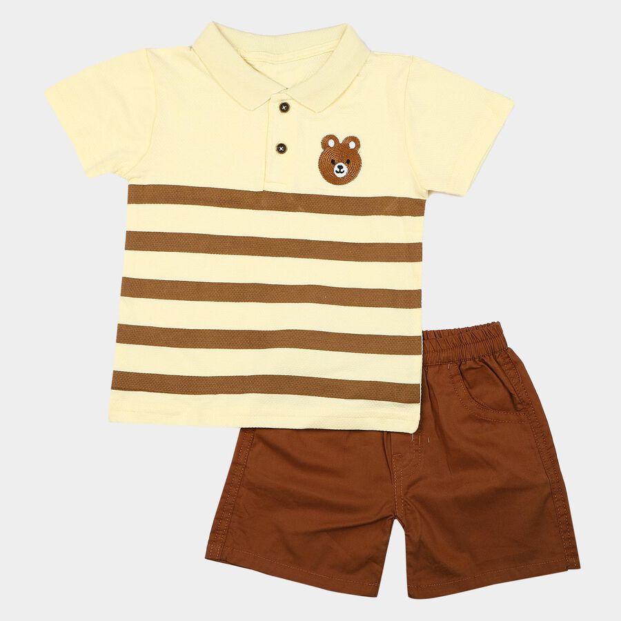 Infants' Beige 100% Cotton Polo Neck Striped Baba Suit, गहरा पीला, large
