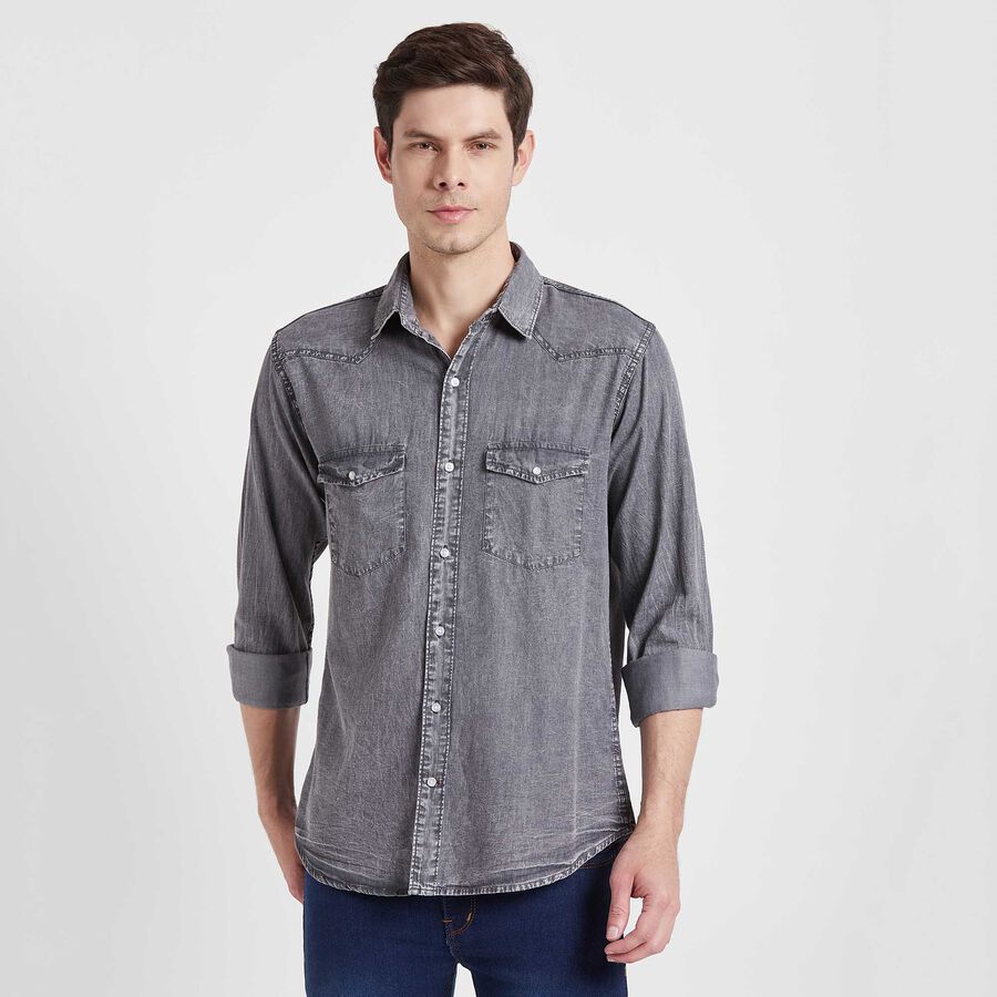 100% Cotton Solid Casual Shirt, Dark Grey, large image number null