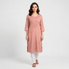 Women's Pink Round Neck Embroidered Kurta, Pink, small