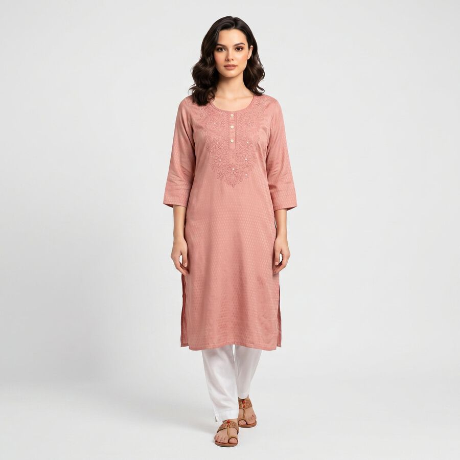 Women's Pink Round Neck Embroidered Kurta, Pink, large