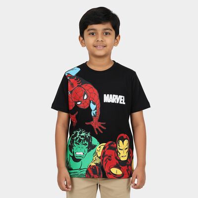 Boys' Jet Black Cotton Crew Neck Graphic Printed T-Shirt