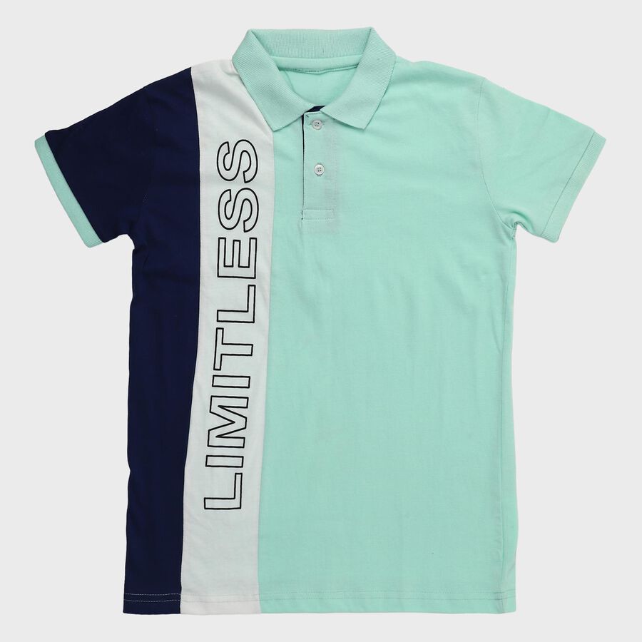 Boys Mint Green Cotton Polo Neck Graphic T-Shirt, Light Green, large
