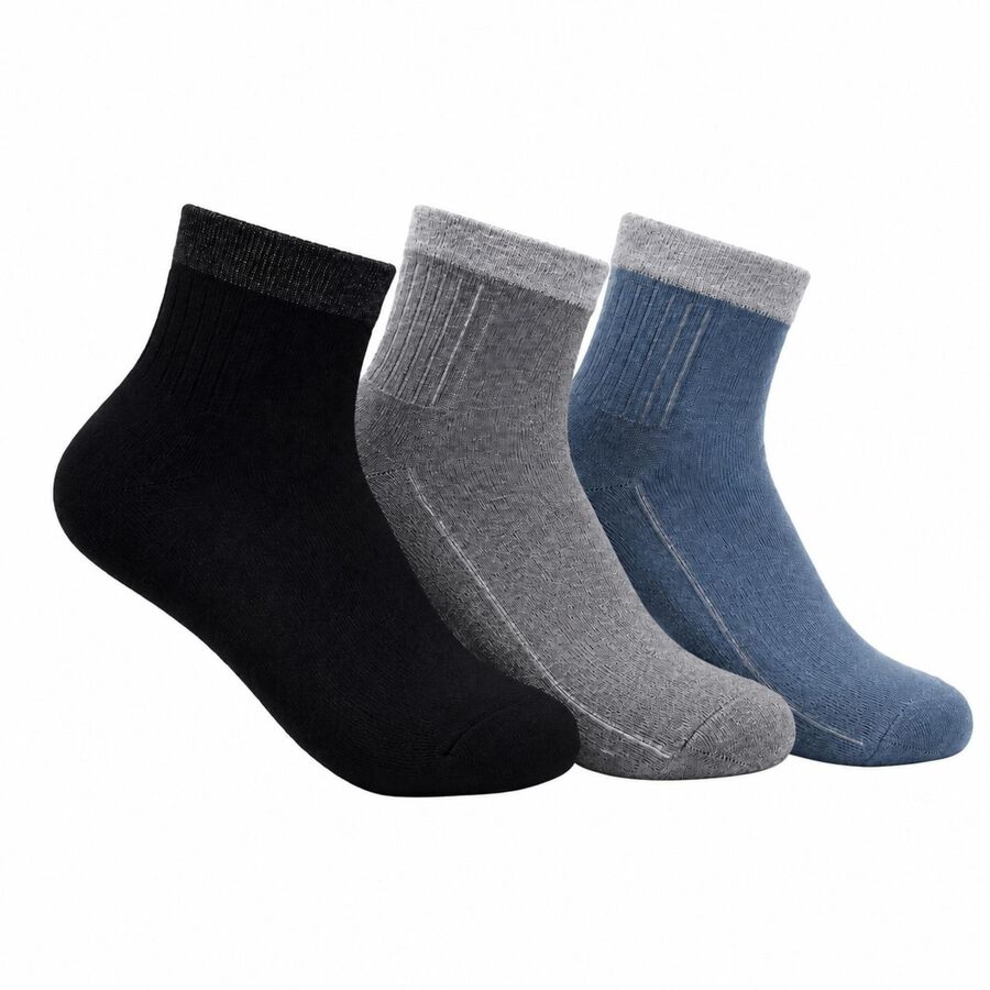 Men's Ankle Length Socks Pack of 3 ( Blue, Black, Grey ), Mid Blue, large