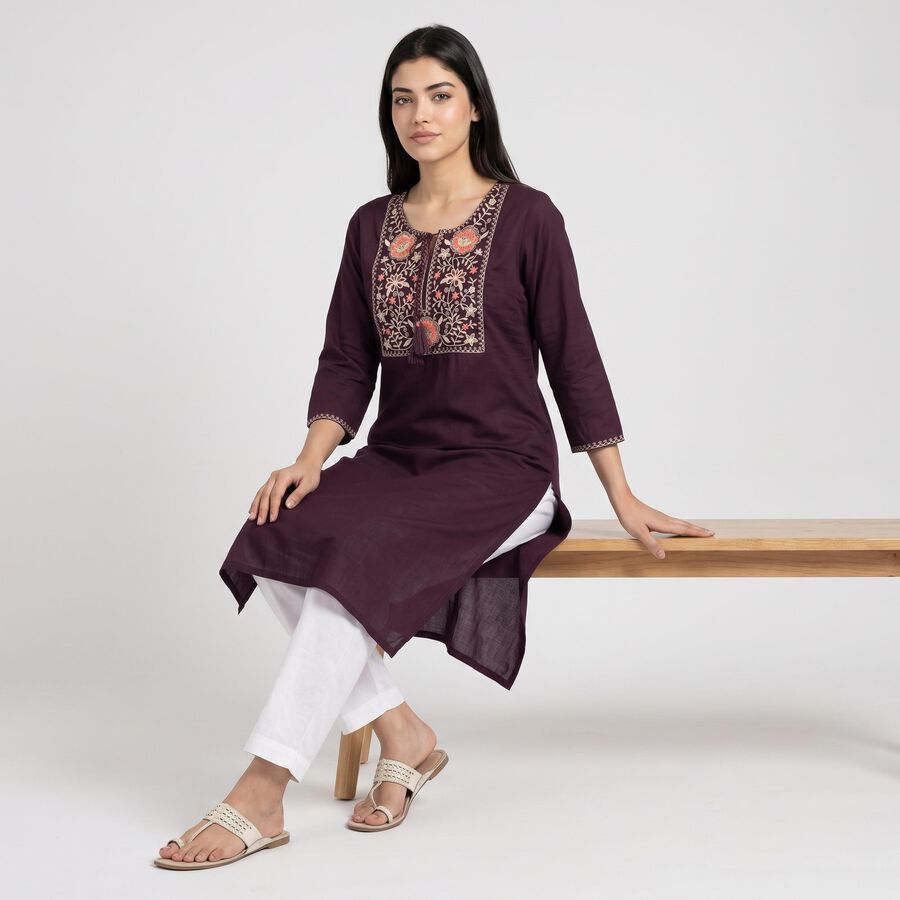 Women's Purple Round Neck Embroidered Kurta, बैंगनी, large