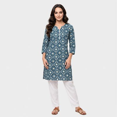 Women's Teal Blue Notch Neck Geometric Kurta