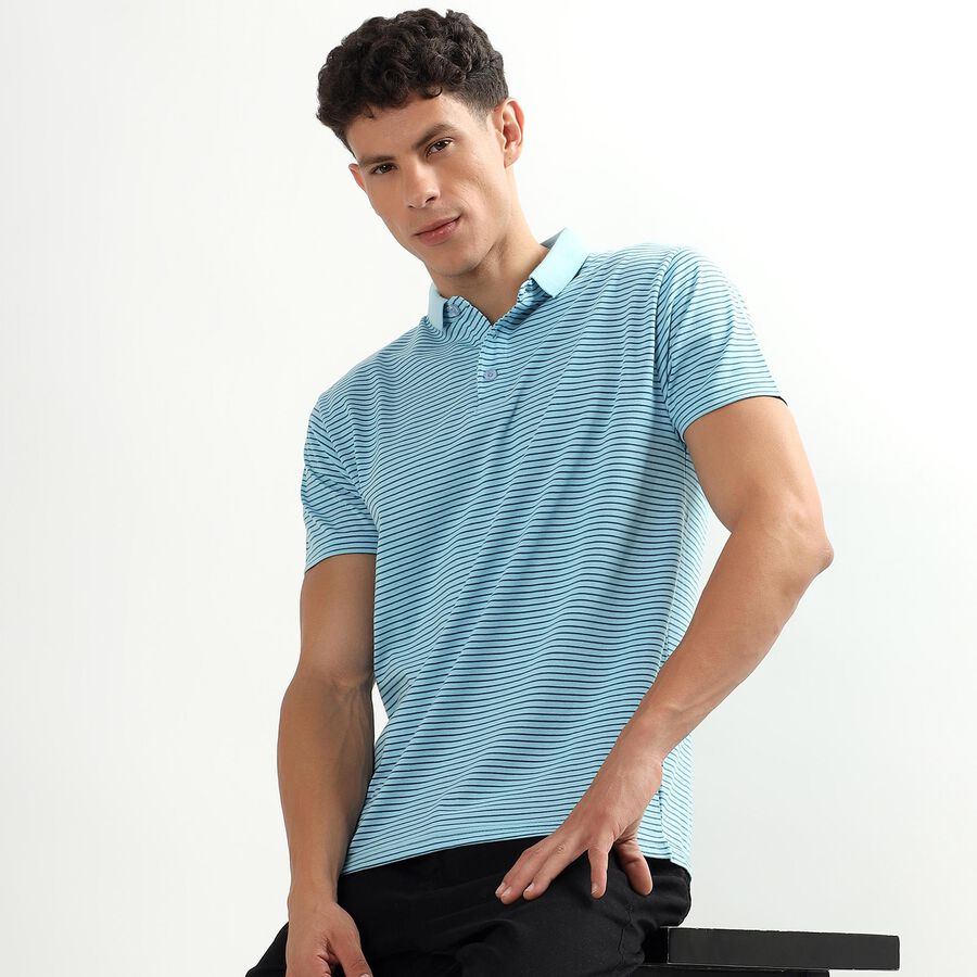 Men's Light Blue Polo Neck Striped T-Shirt, Light Blue, large image number null