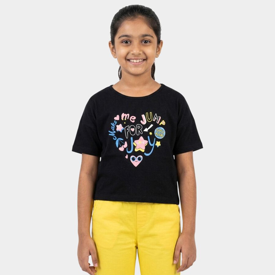 Girls' Black Cotton Round Neck Casual T-Shirt, काला, large