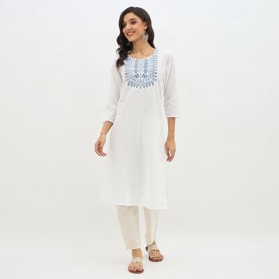 Women's Bright White Cotton Round Neck Embroidered Kurta
