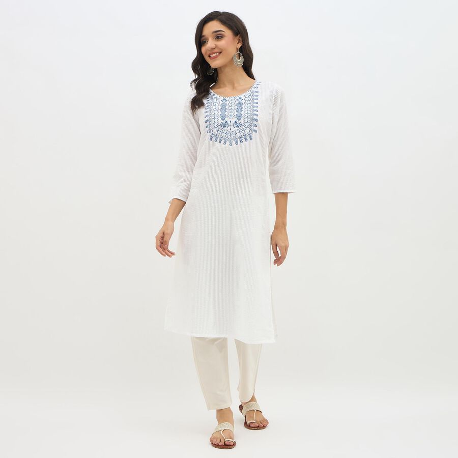 Women's Bright White Cotton Round Neck Embroidered Kurta, Dark Blue, large image number null