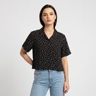Women Black Floral Camp Collar Shirt, Black, small