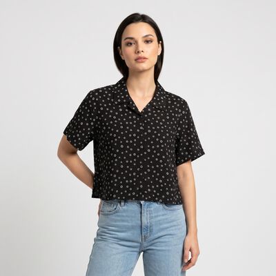 Women Black Floral Camp Collar Shirt