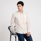 Men's Cream Cotton Long Sleeve Spread Collar Shirt, ऑफ व्हाइट, small